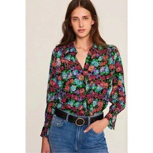 Elie Tahari Floral Metallic Button Down Blouse Top Size Small